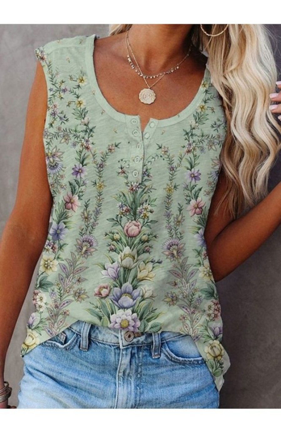 Clothing Azzlee Tanks | Floral Printed Round Neck Sleeveless Tank Green