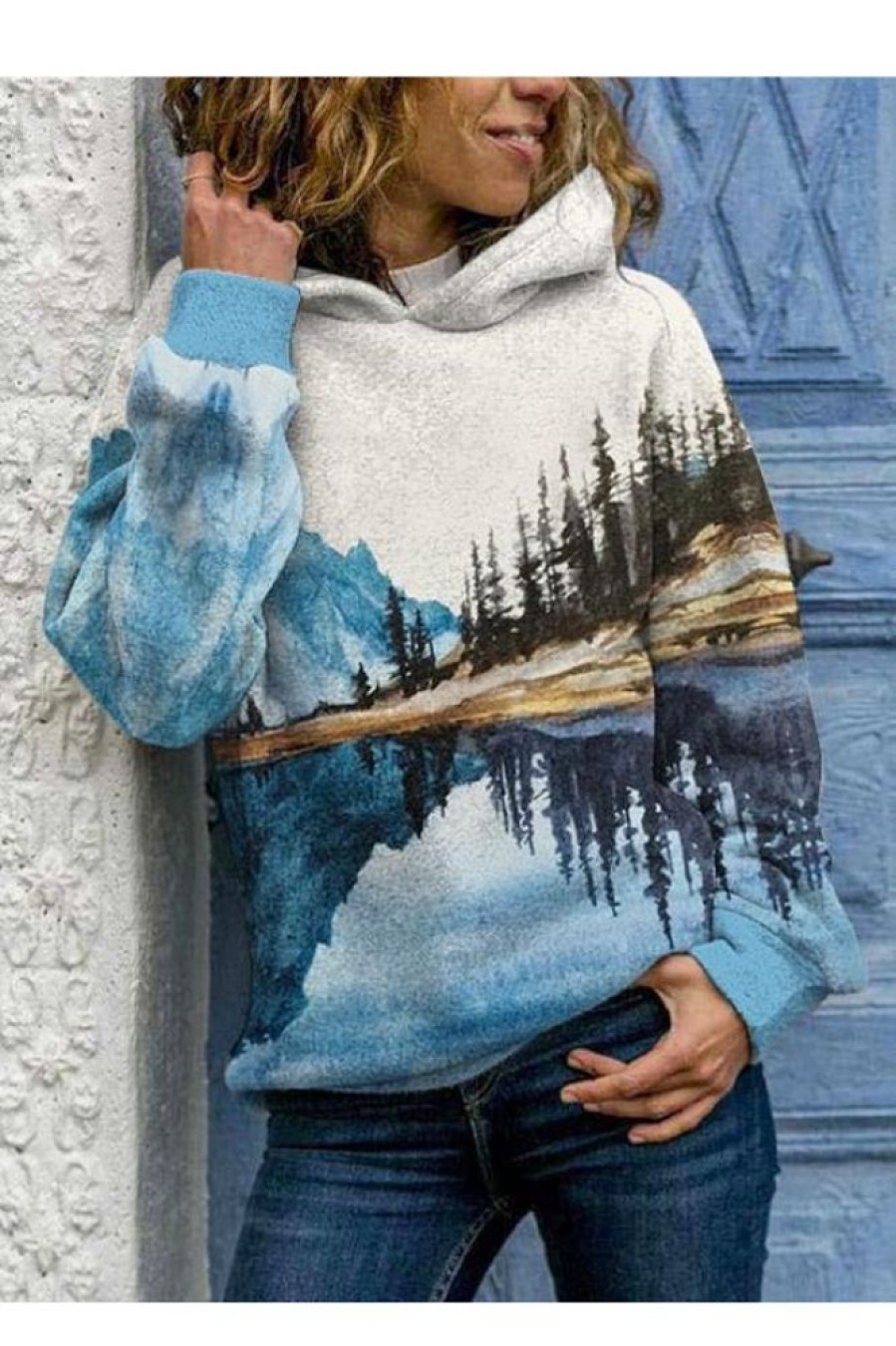 Clothing Azzlee Sweatshirt & Hoodies | Casual Graphic Tops Long Sleeve Landscape Printed Hoodies Multi