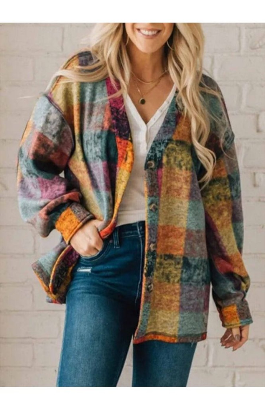 Clothing Azzlee Coats | Fleece Thermal Coat Western Plaid Loose Jacket Multicolor