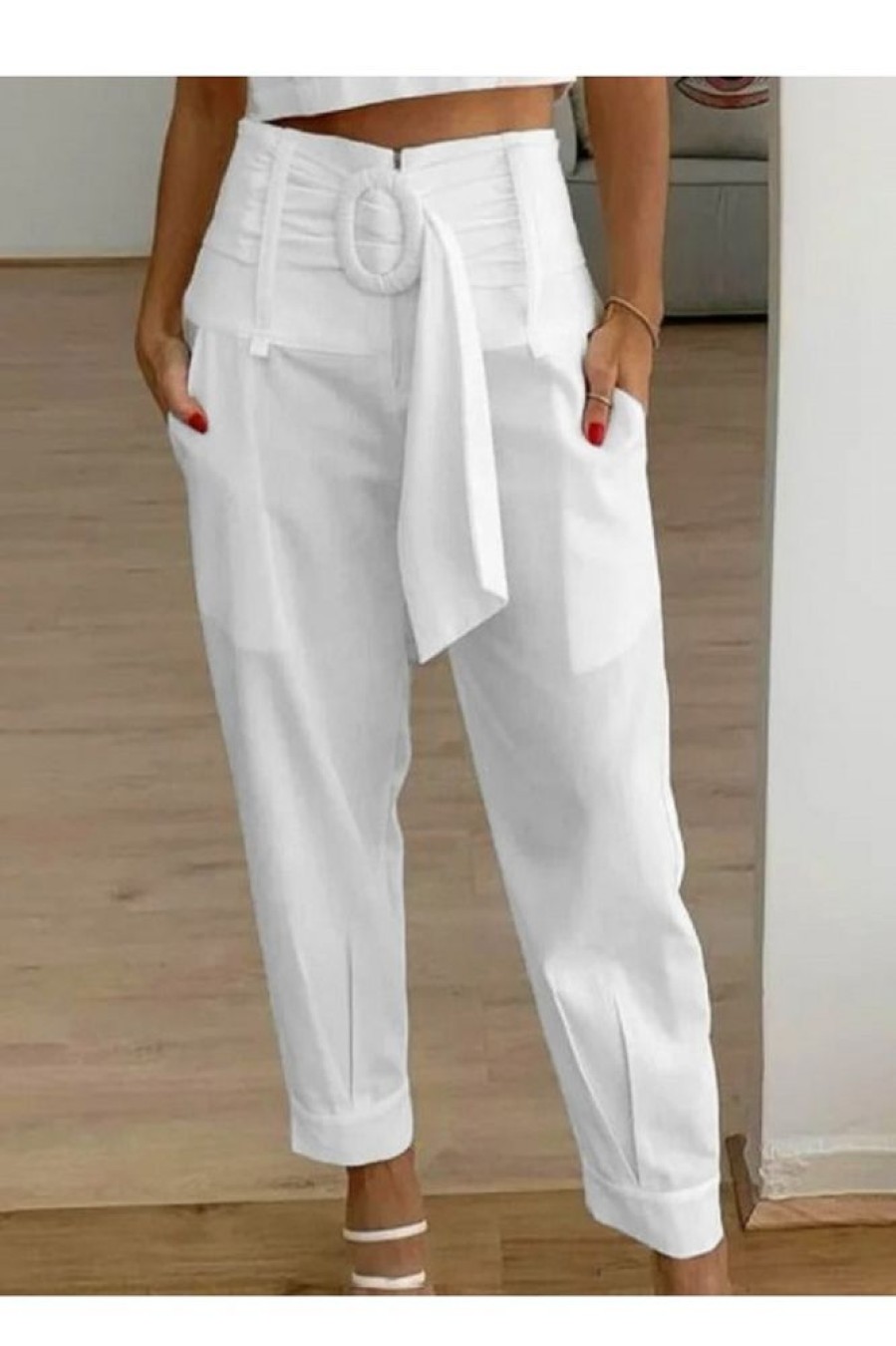 Clothing Azzlee Pants | Casual Plain High Waist Cropped Pants White