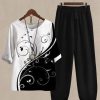 Clothing Azzlee | Casual Round Neck Printed Daily Two Piece Suit Black White