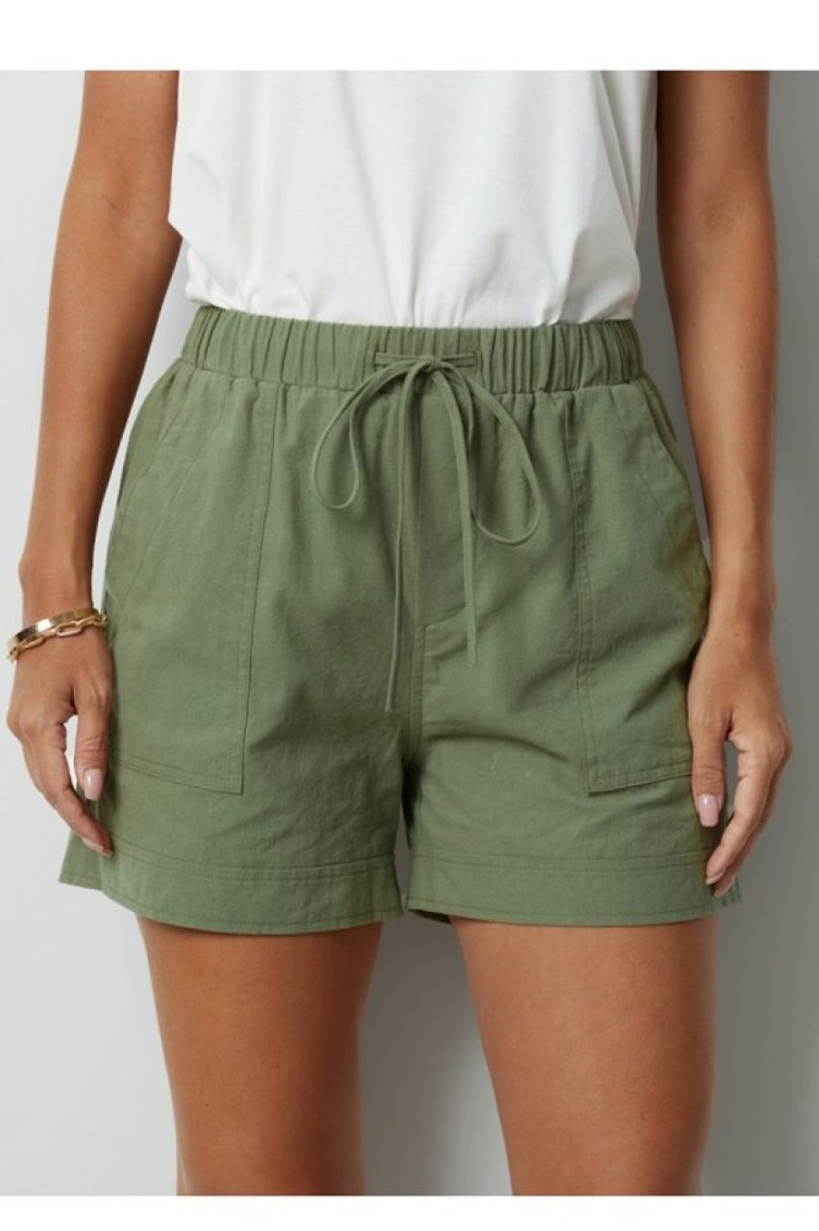 Clothing Azzlee Shorts | Solid Pocket Elastic Waist Shorts Armygreen