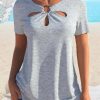 Clothing Azzlee Blouse & Shirts | Casual Tops Round Neck Short Sleeve Solid Hollow Out Blouse Gray