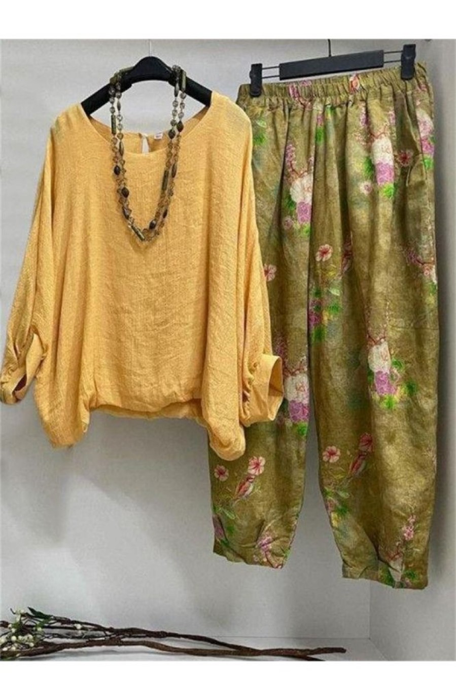 Clothing Azzlee | Casual Round Neck Printed Long Sleeve Twopiece Yellow