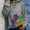 Clothing Azzlee Sweatshirt & Hoodies | Cat Printed Long Sleeve Casual Hoodie For Women Grey