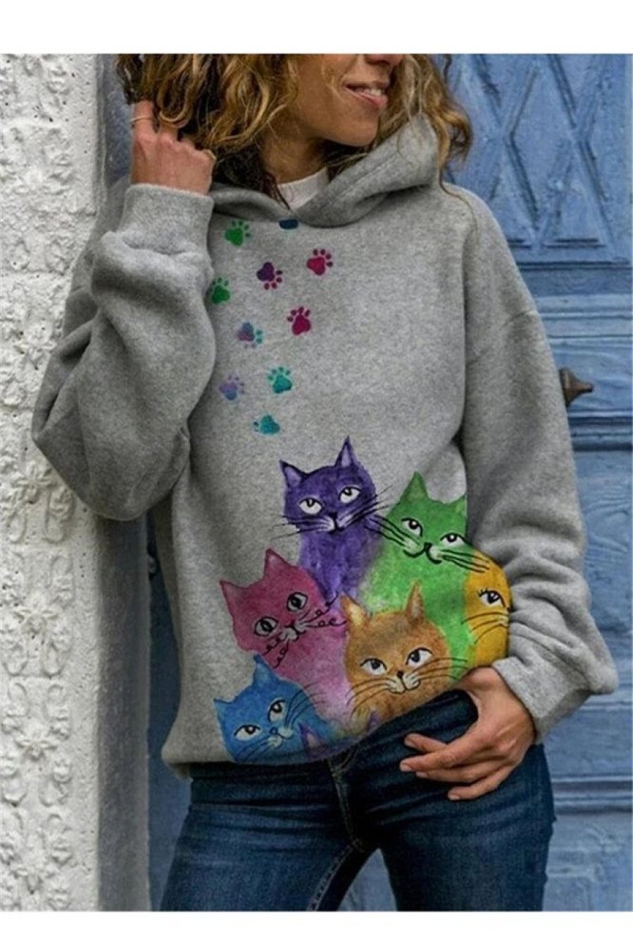 Clothing Azzlee Sweatshirt & Hoodies | Cat Printed Long Sleeve Casual Hoodie For Women Grey