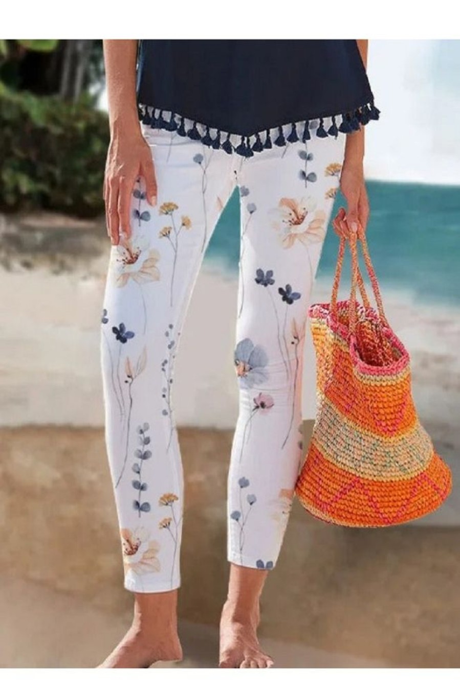 Clothing Azzlee Leggings | Casual Floral Printed Vacation Leggings White