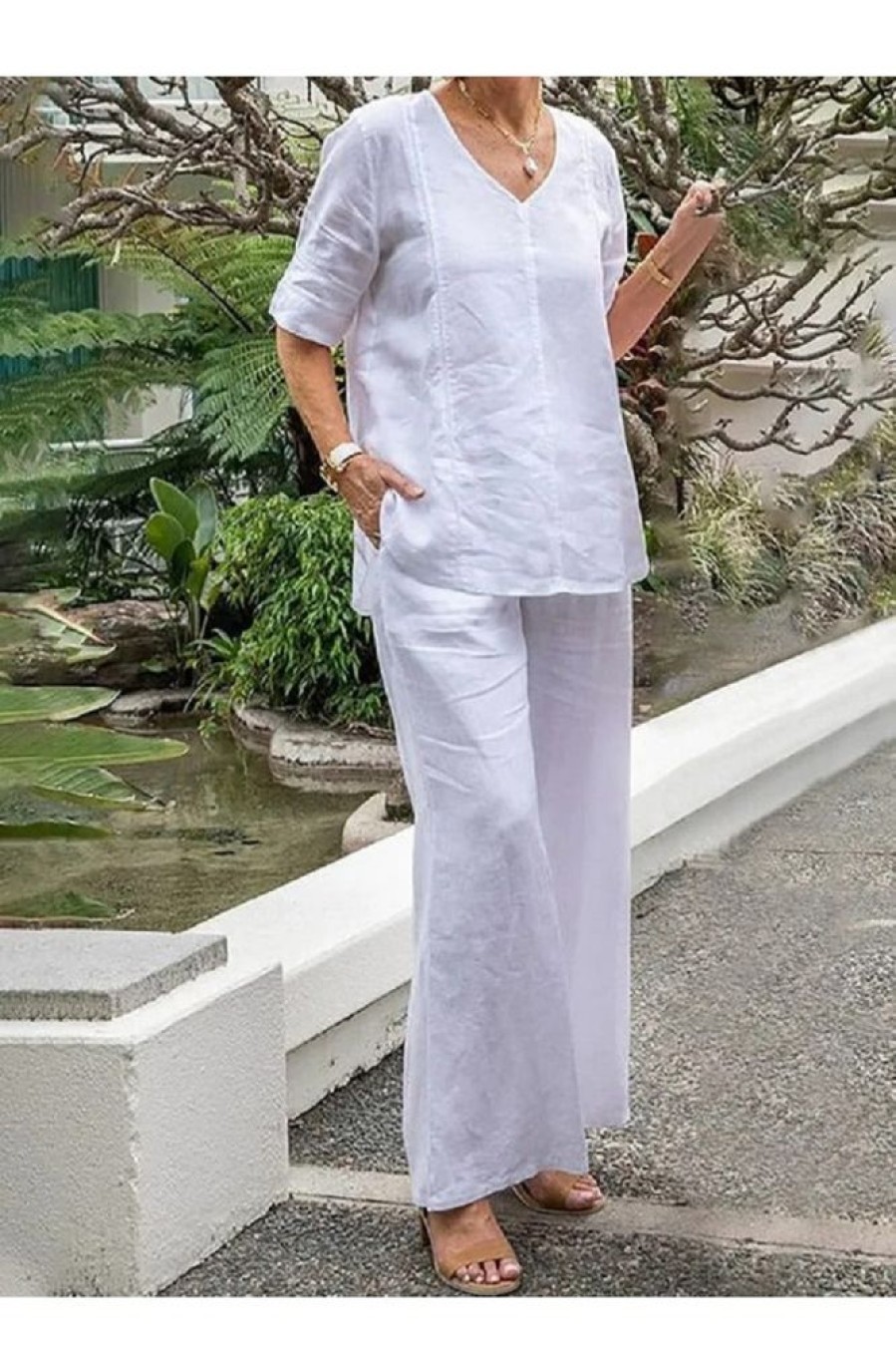 Clothing Azzlee | Casual V Neck Solid Half Sleeve Two Piece Suit White