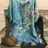 Clothing Azzlee Blouse & Shirts | Casual Graphic Tops Round Neck Floral Printed Short Sleeve Blouse Blue