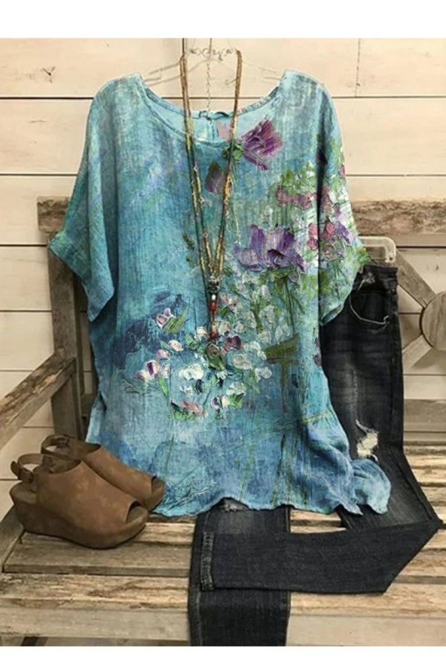 Clothing Azzlee Blouse & Shirts | Casual Graphic Tops Round Neck Floral Printed Short Sleeve Blouse Blue