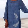 Clothing Azzlee Blouse & Shirts | Feather Printed Round Neck Long Sleeve Casual Blouse Blue