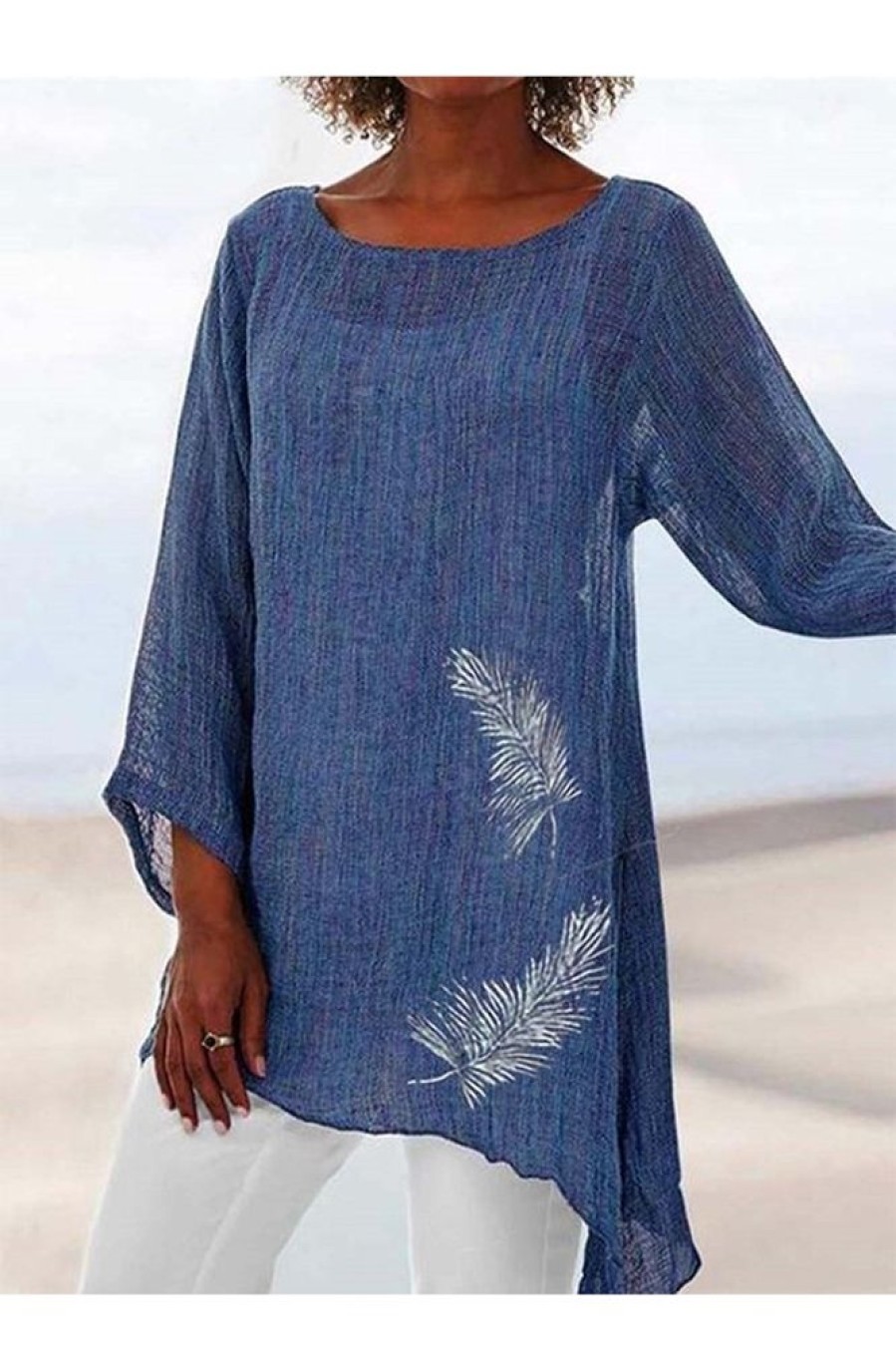 Clothing Azzlee Blouse & Shirts | Feather Printed Round Neck Long Sleeve Casual Blouse Blue