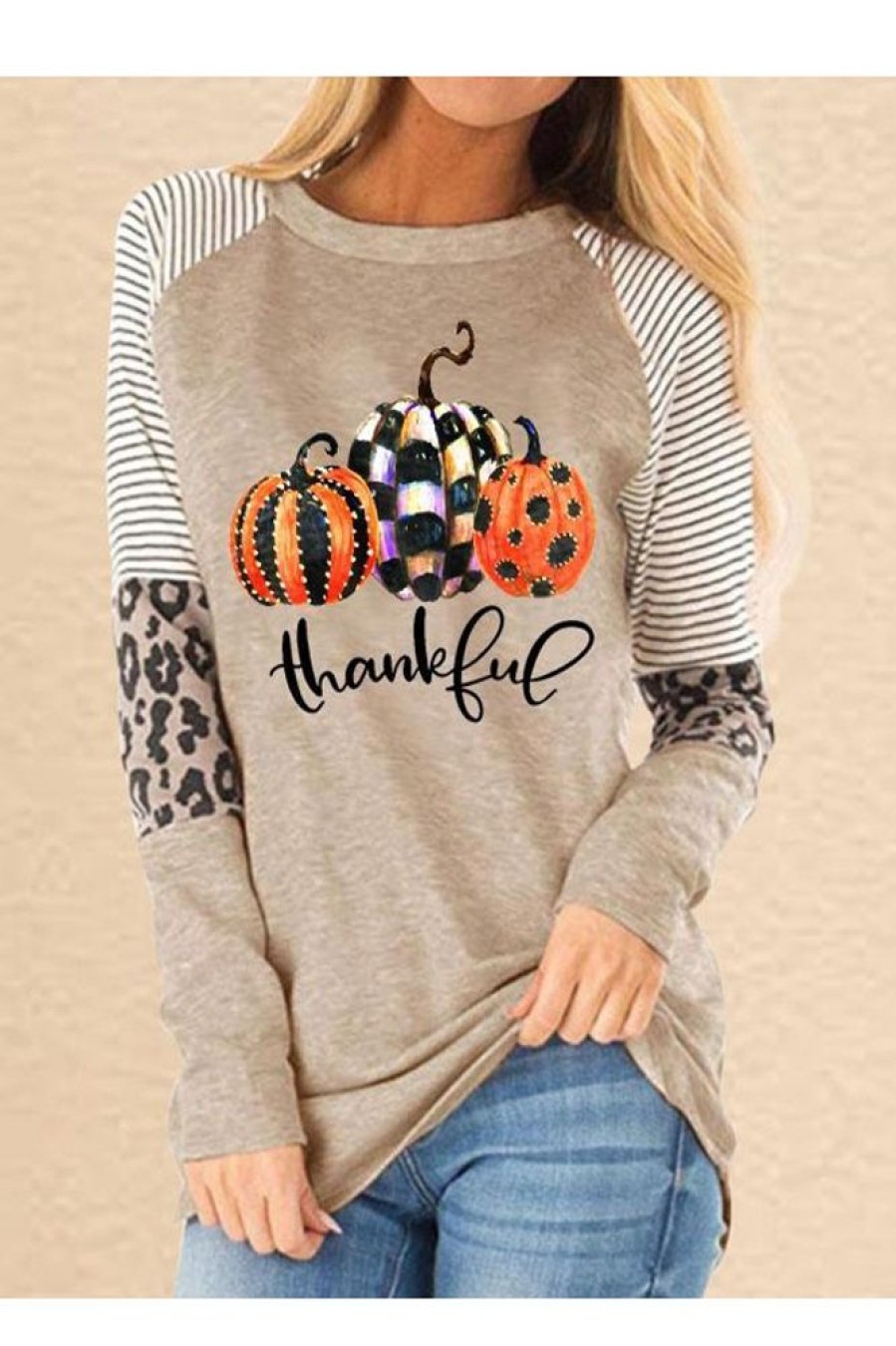 Clothing Azzlee Sweatshirt & Hoodies | Casual Graphic Tops Round Neck Long Sleeve Pumpkin Printed Halloween Sweatshirts Light Khaki