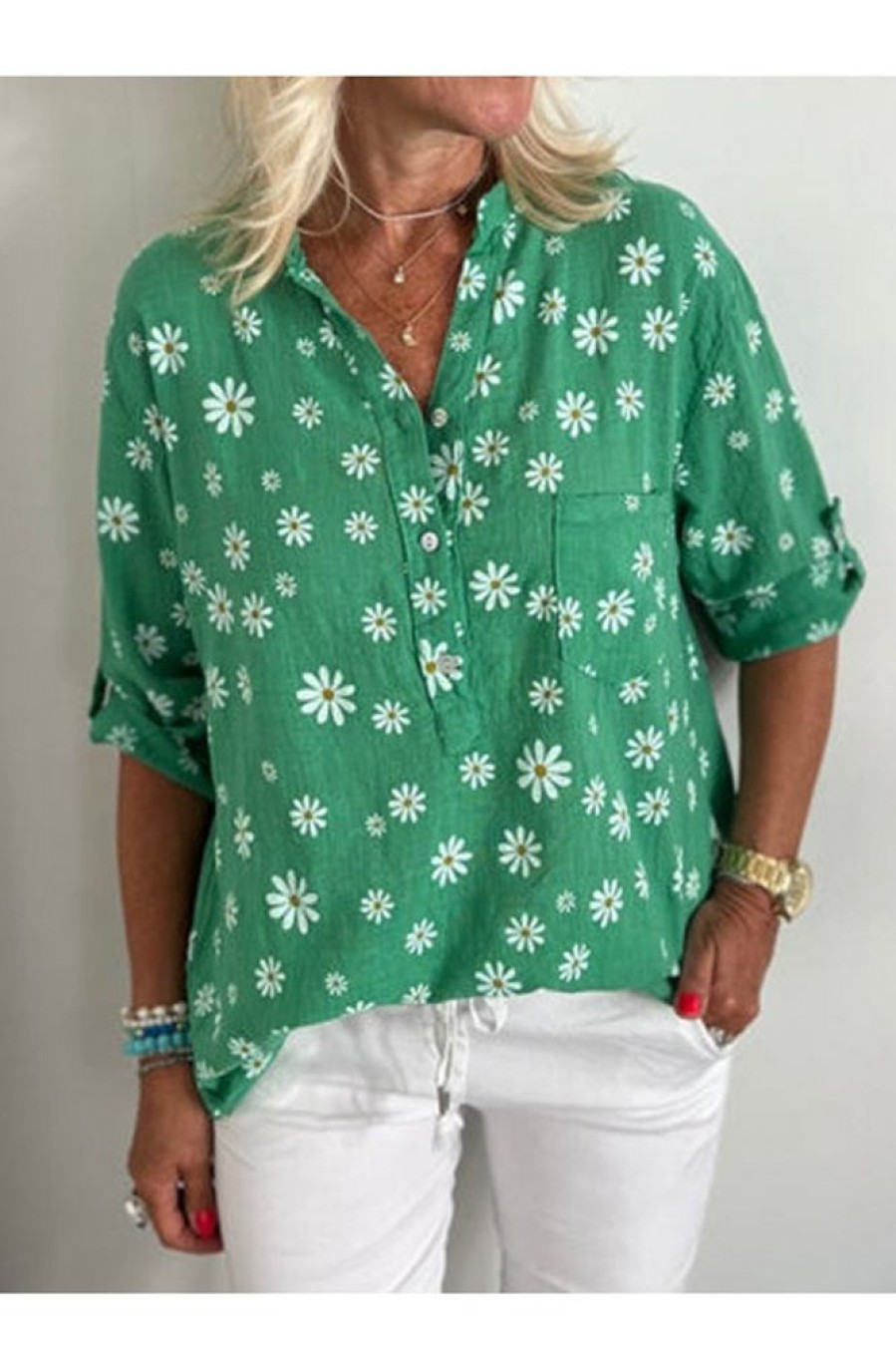 Clothing Azzlee Blouse & Shirts | Casual Graphic Tops V Neck Half Sleeve Daisy Flower Printed Blouse Green