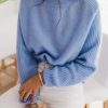 Clothing Azzlee Sweater & Cardigans | Casual Long Sleeve Round Neck Solid Sweater Blue