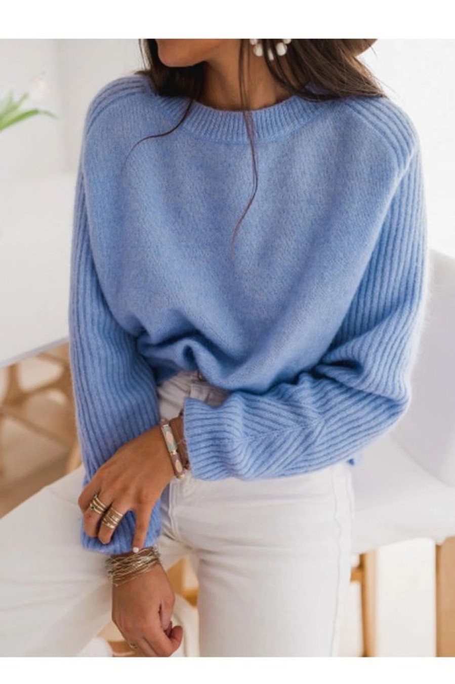 Clothing Azzlee Sweater & Cardigans | Casual Long Sleeve Round Neck Solid Sweater Blue