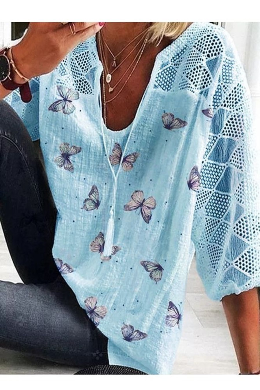 Clothing Azzlee Blouse & Shirts | Long Sleeve V-Neck Butterfly Printed Blouse With Tassel