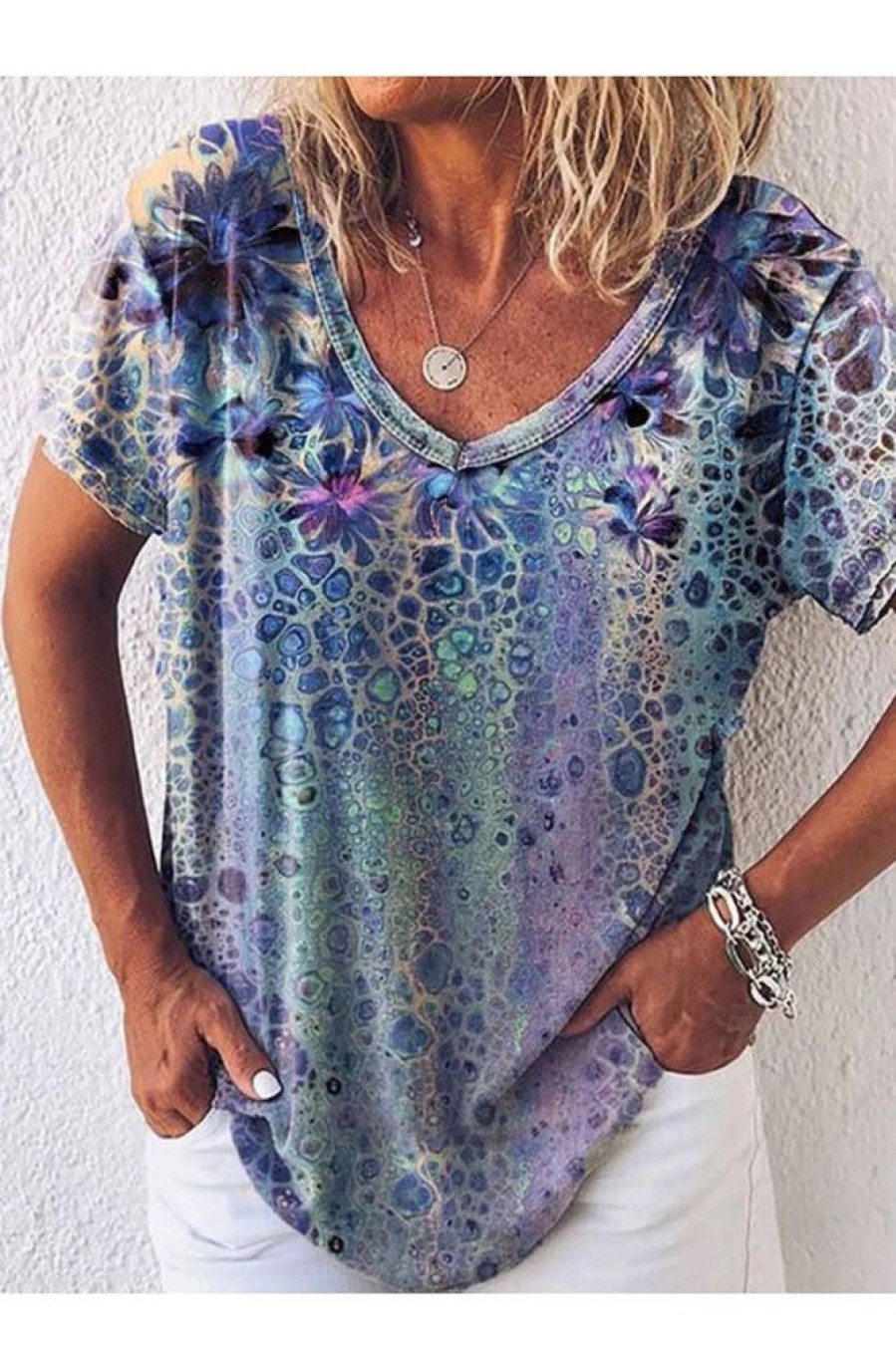 Clothing Azzlee Blouse & Shirts | Casual V Neck Printed Short Sleeve Blouse Multi