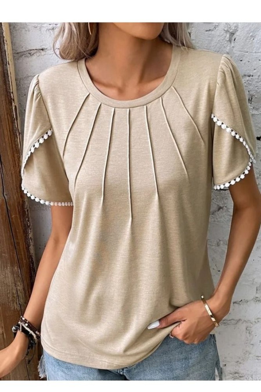 Clothing Azzlee Blouse & Shirts | Casual Round Neck Solid Short Sleeve Blouse Khaki