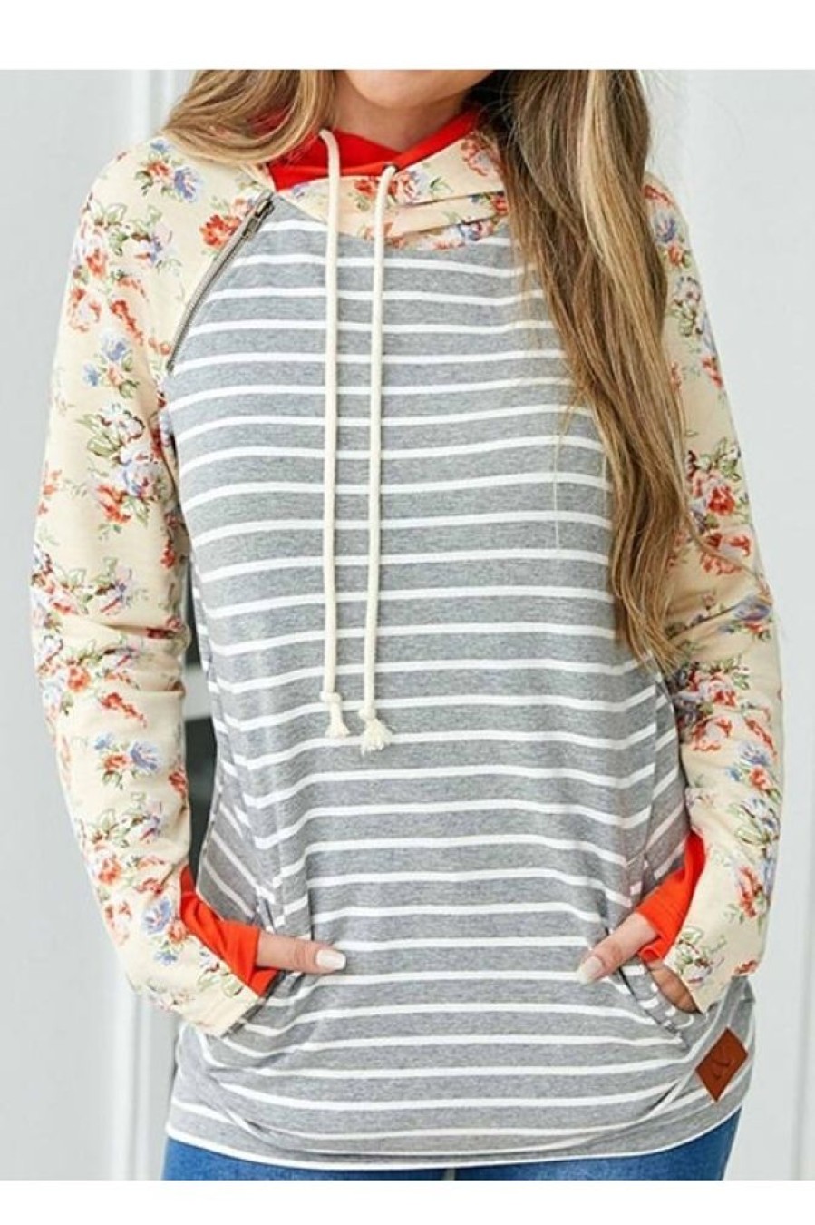 Clothing Azzlee Sweatshirt & Hoodies | Floral Stripe Splicing Casual Hoodie Sweatshirt Orange