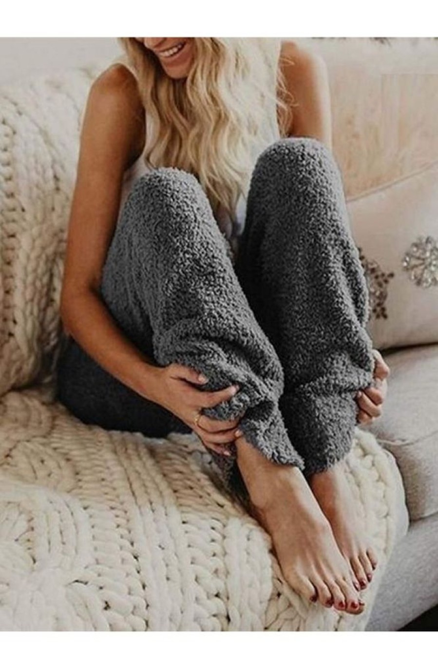 Clothing Azzlee Pants | Soft Solid Color Fleece Casual Loose Warm Pants