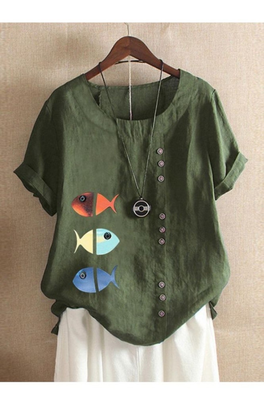 Clothing Azzlee Blouse & Shirts | Short Sleeve Fish Printed Blouse Army