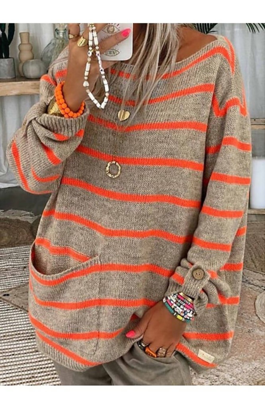 Clothing Azzlee Sweater & Cardigans | Chic Striped Round Neck Sweater Multi