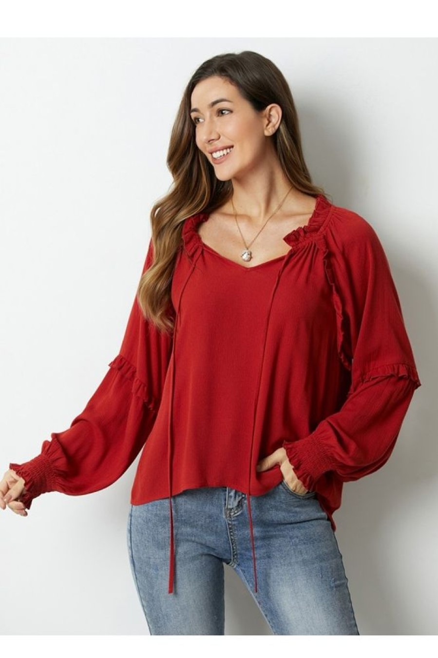 Clothing Azzlee Sweatshirt & Hoodies | Solid Ruffles Casual V-Neck Long Sleeve Blouse Rust