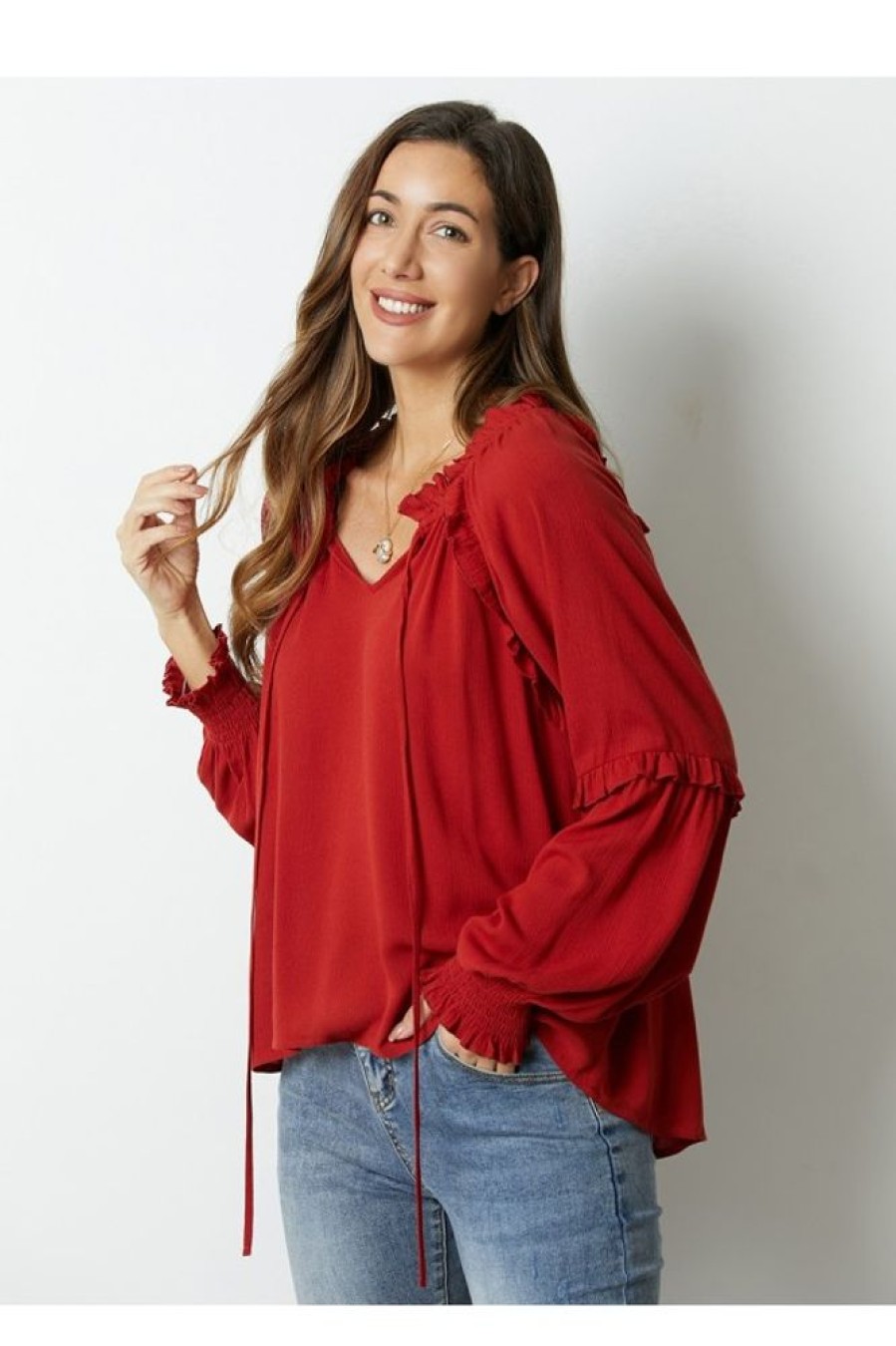 Clothing Azzlee Sweatshirt & Hoodies | Solid Ruffles Casual V-Neck Long Sleeve Blouse Rust