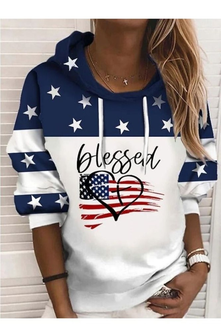 Clothing Azzlee Sweatshirt & Hoodies | Casual Graphic Tops Long Sleeve American Us Flag Text Printed Hoodies White