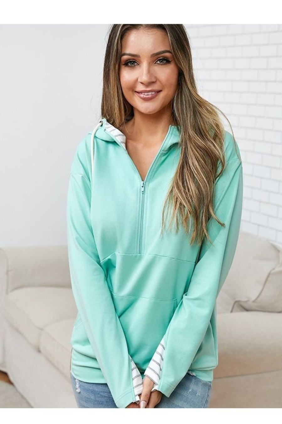 Clothing Azzlee Sweatshirt & Hoodies | Green Solid Half Zip Hoodie Sweatshirt Mint