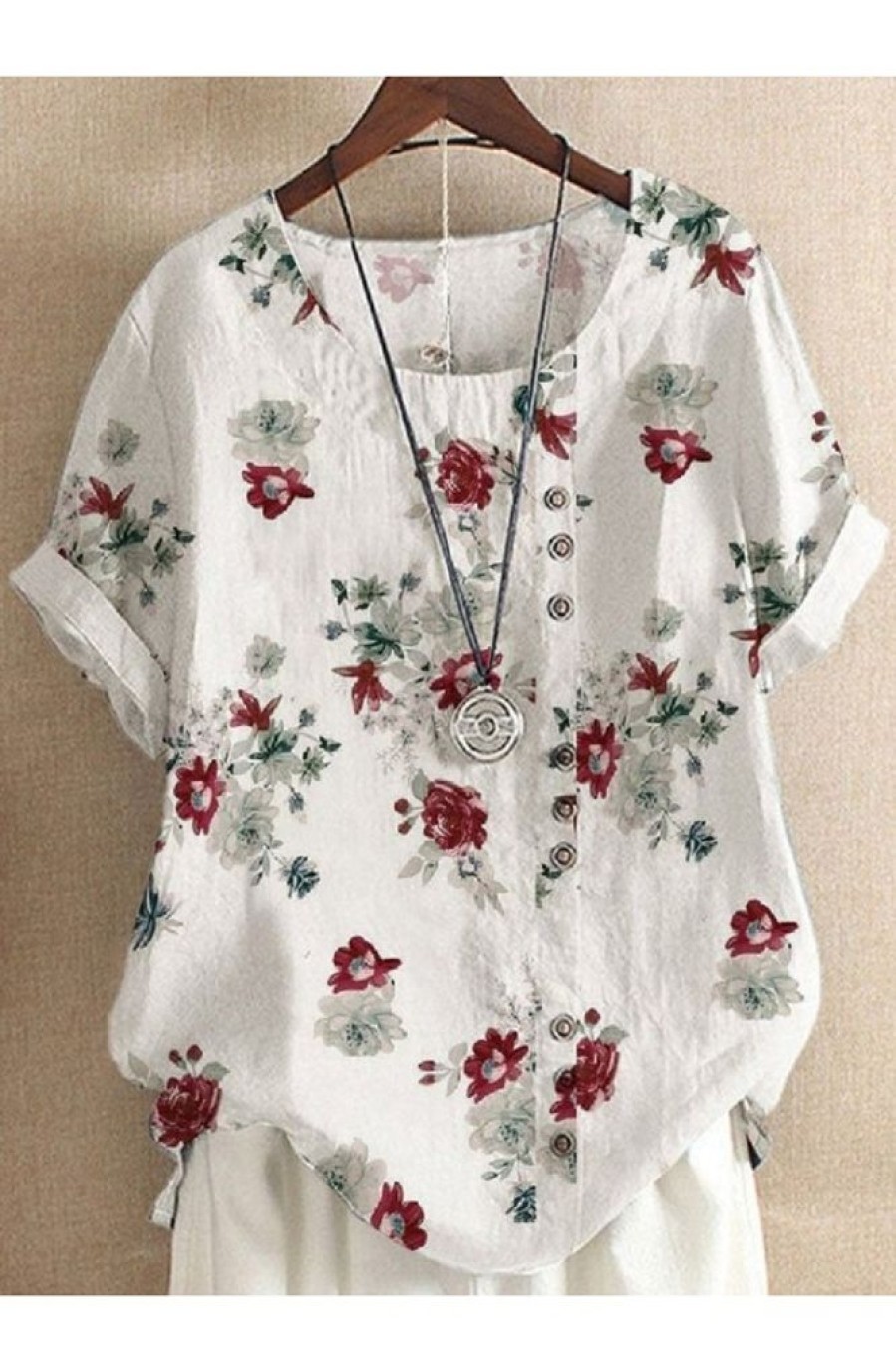 Clothing Azzlee Blouse & Shirts | Casual Round Neck Floral Printed Short Sleeve Blouse White