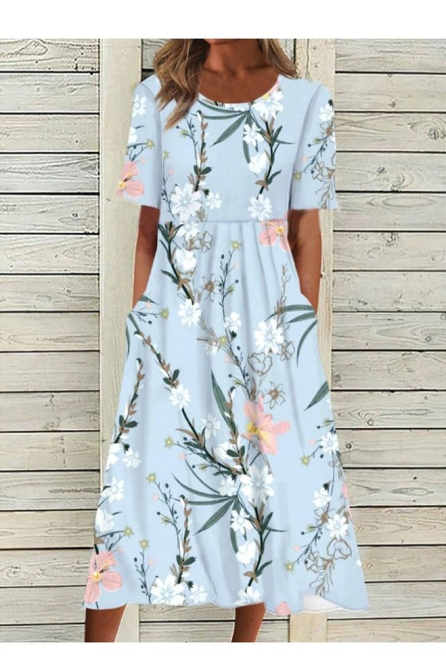 Clothing Azzlee Midi Dresses | Crew Neck Floral Short Sleeve Woven Midi Dress Light Blue