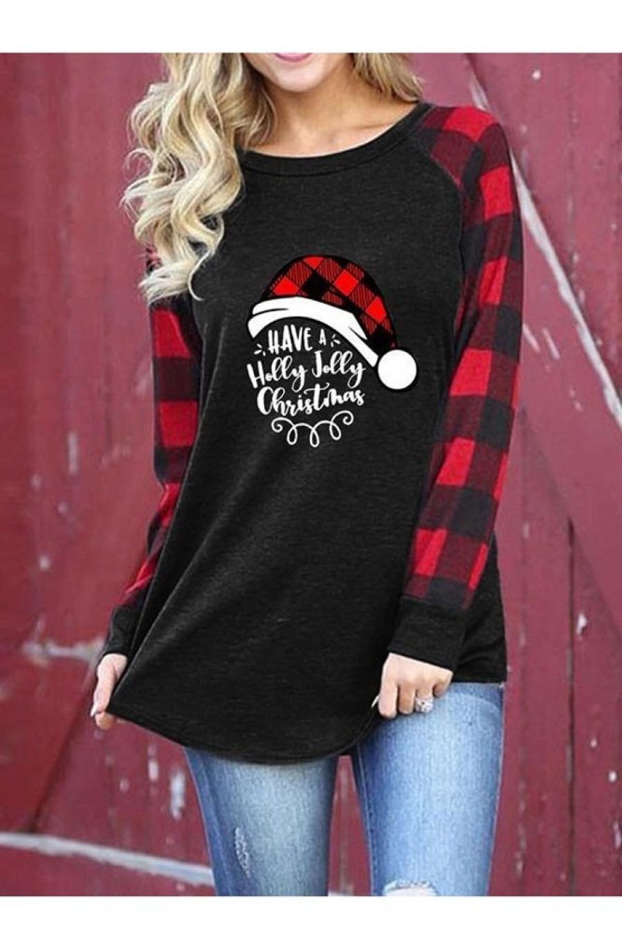 Clothing Azzlee Sweatshirt & Hoodies | Casual Graphic Tops Round Neck Long Sleeve Plaid Christmas Alphabet Print Sweatshirts Black