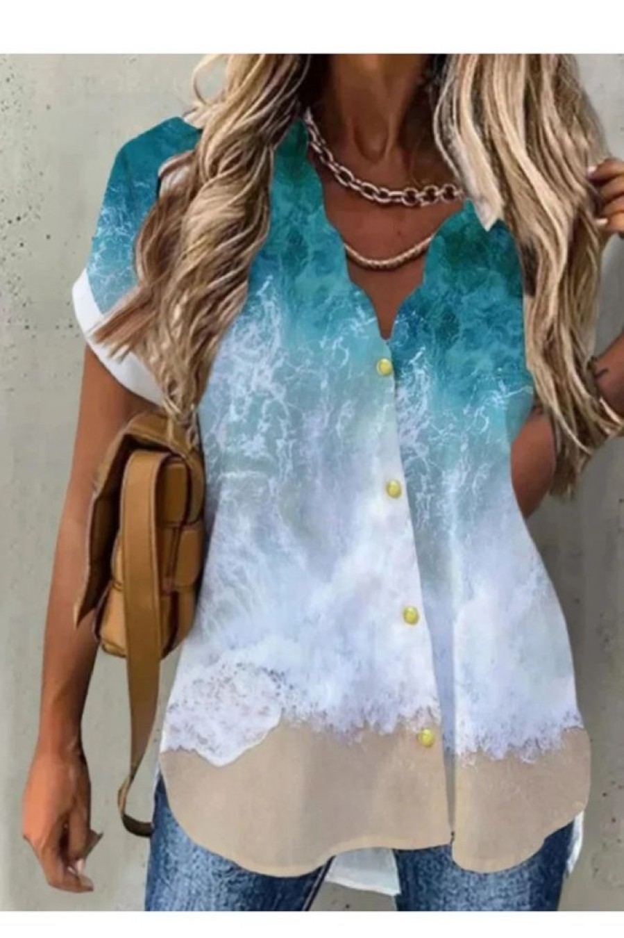 Clothing Azzlee Blouse & Shirts | Beach Printed Short Sleeve V Neck Casual Blouses Blue