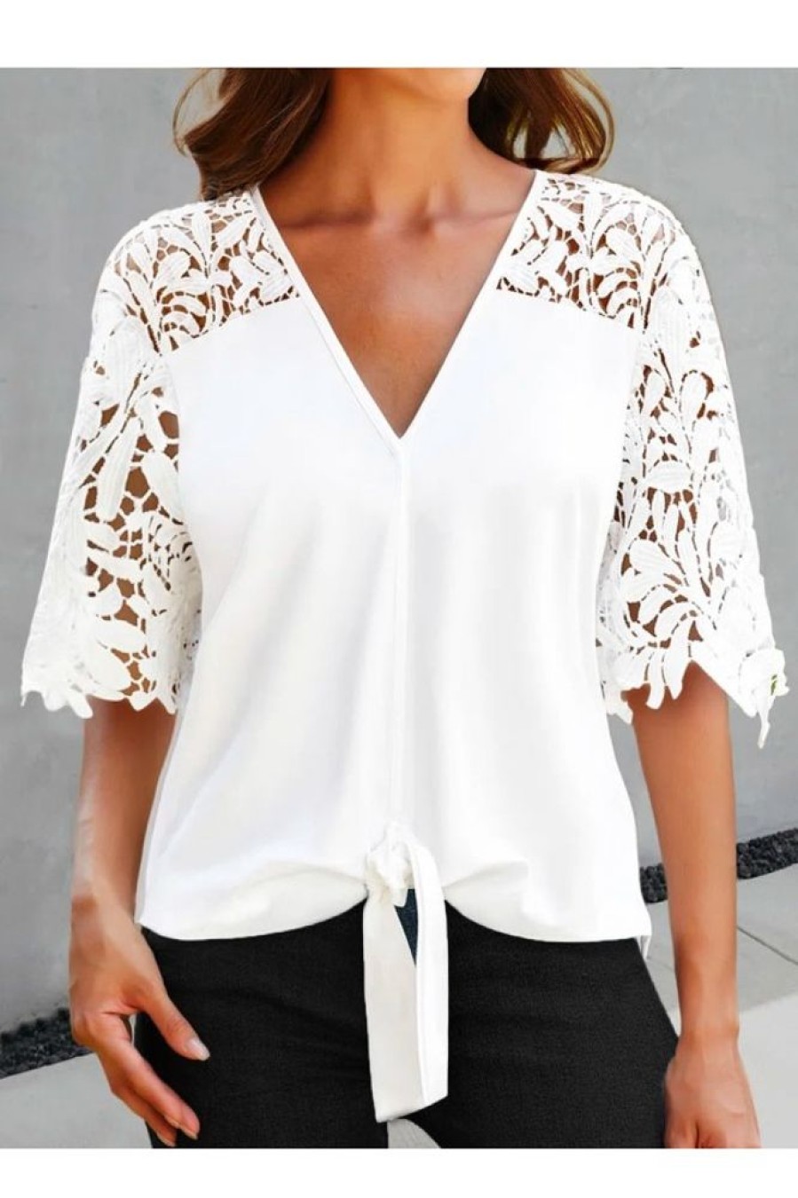 Clothing Azzlee Blouse & Shirts | Casual V Neck Lace Half Sleeve Blouse White