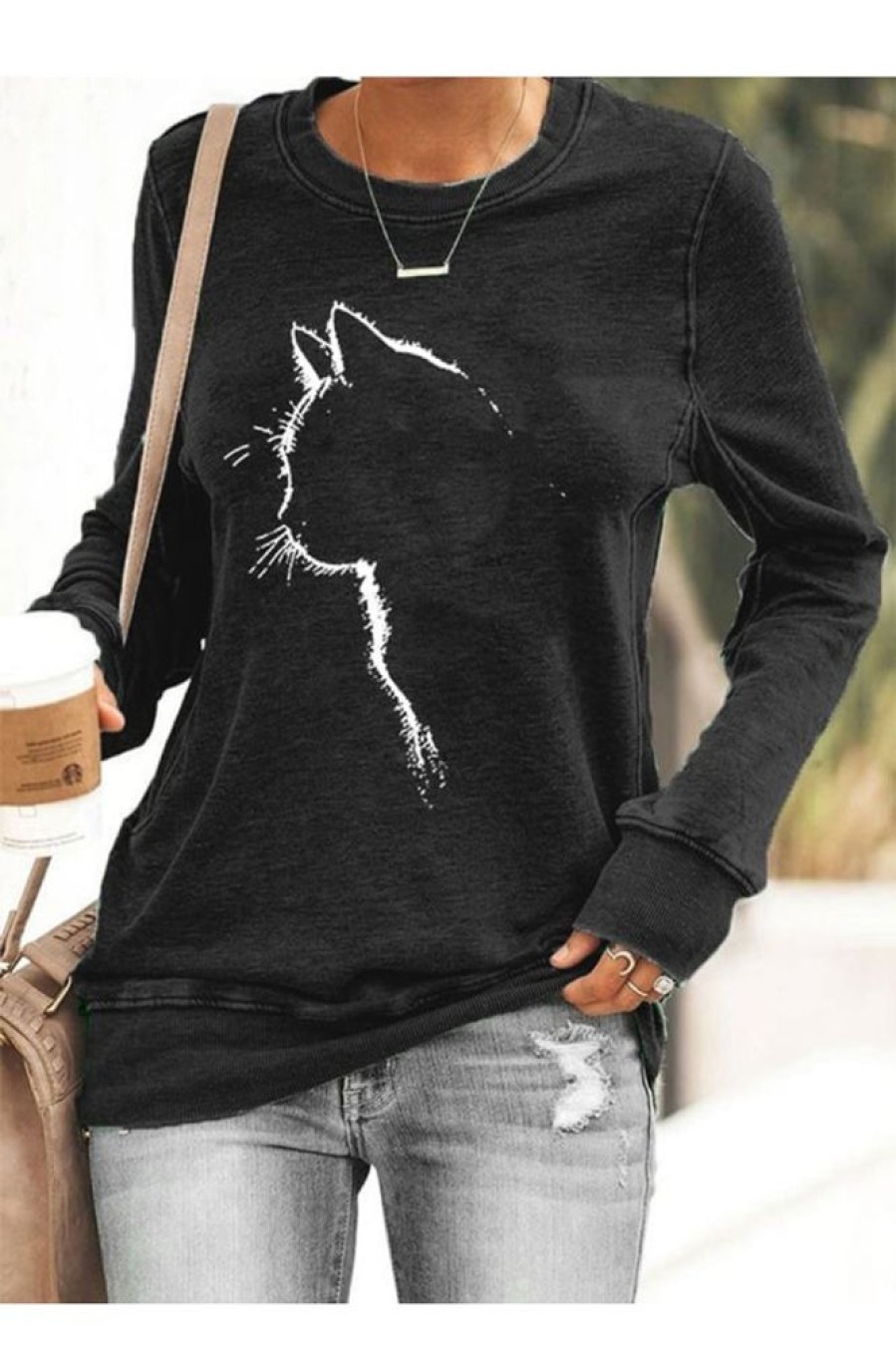 Clothing Azzlee Sweatshirt & Hoodies | Cute Cat Silhouette Casual Sweatshirt Black