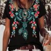 Clothing Azzlee Blouse & Shirts | Casual Graphic Tops Round Neck Floral Printed Short Sleeve Blouse Black