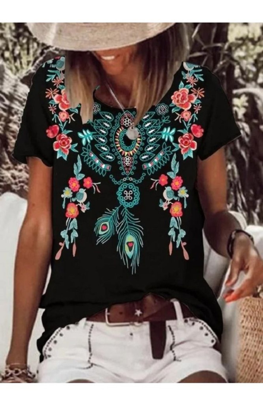 Clothing Azzlee Blouse & Shirts | Casual Graphic Tops Round Neck Floral Printed Short Sleeve Blouse Black