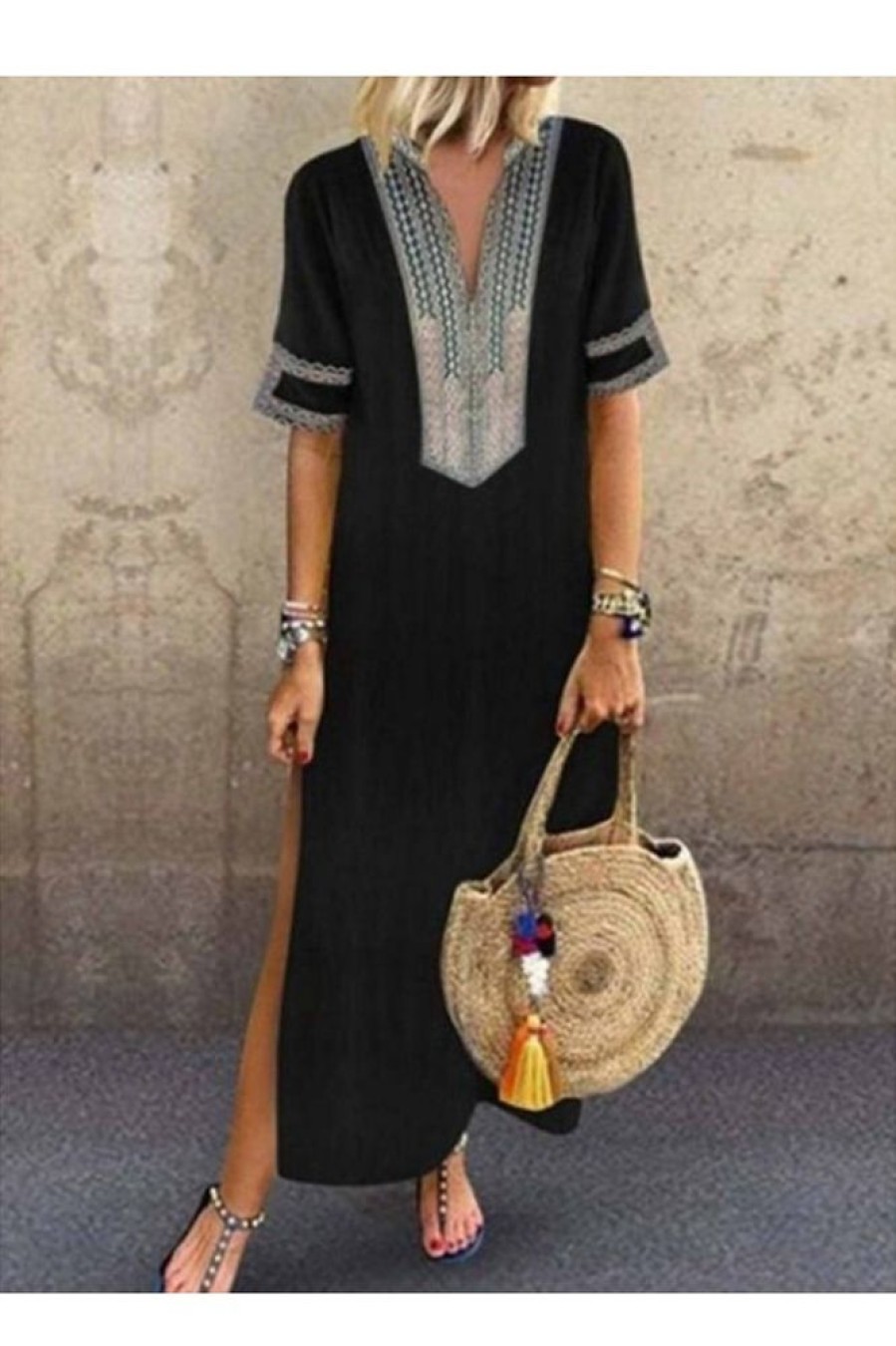 Clothing Azzlee Maxi Dresses | Short Sleeve V-Neck Patchwork Casual Printed Maxi Dress