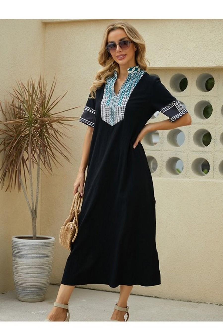 Clothing Azzlee Maxi Dresses | Short Sleeve V-Neck Patchwork Casual Printed Maxi Dress