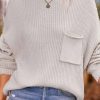 Clothing Azzlee Sweater & Cardigans | Crew Neck Ribbed Knit Pocket Pure Color Pullover Sweater White