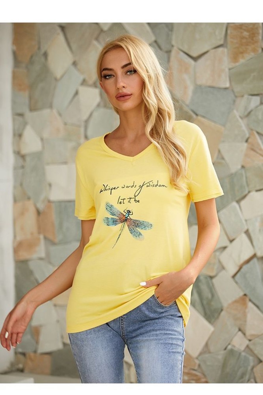 Clothing Azzlee T-Shirts | Dragonfly Print Casual V-Neck Short Sleeve T-Shirt Yellow