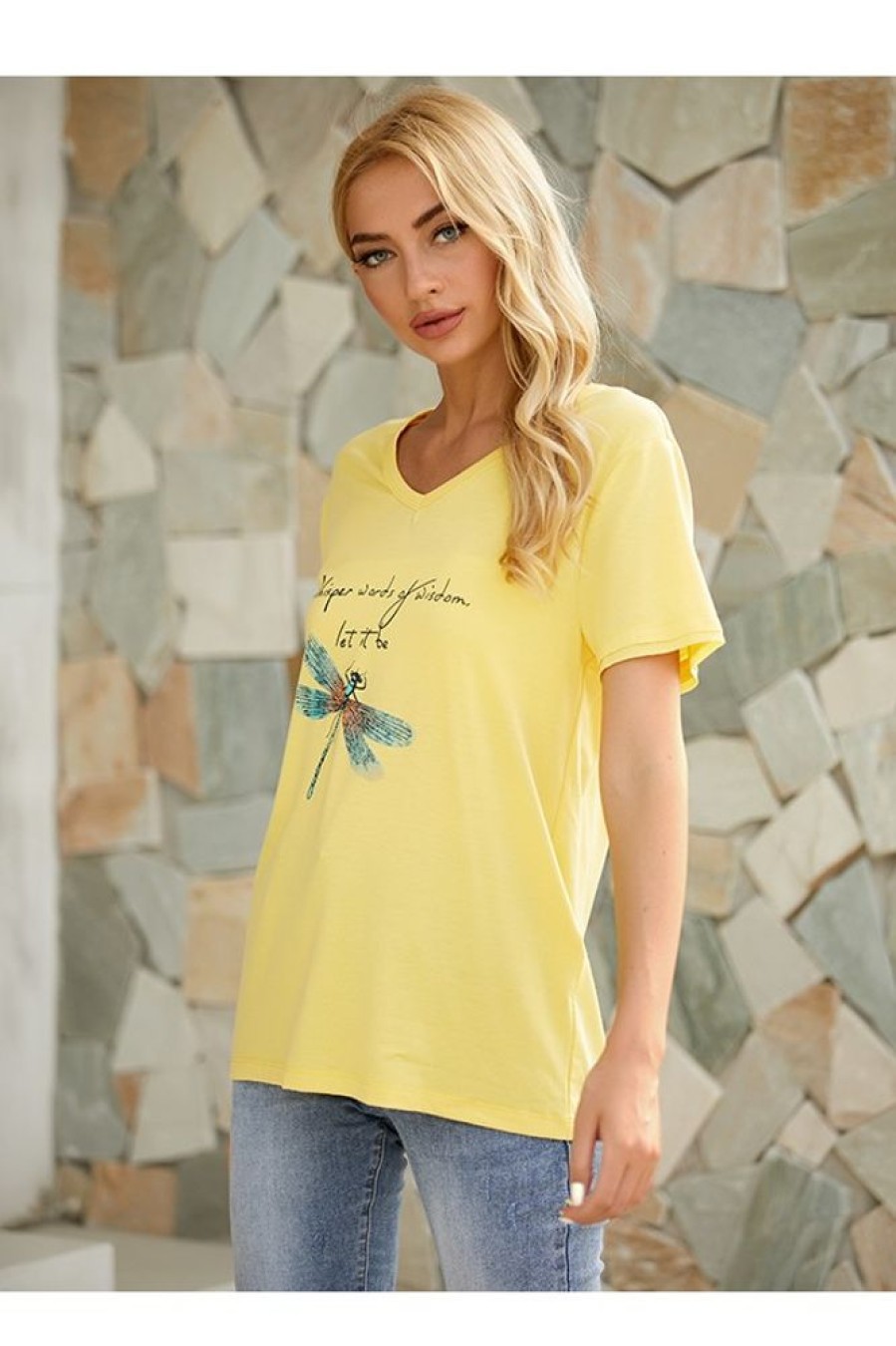 Clothing Azzlee T-Shirts | Dragonfly Print Casual V-Neck Short Sleeve T-Shirt Yellow