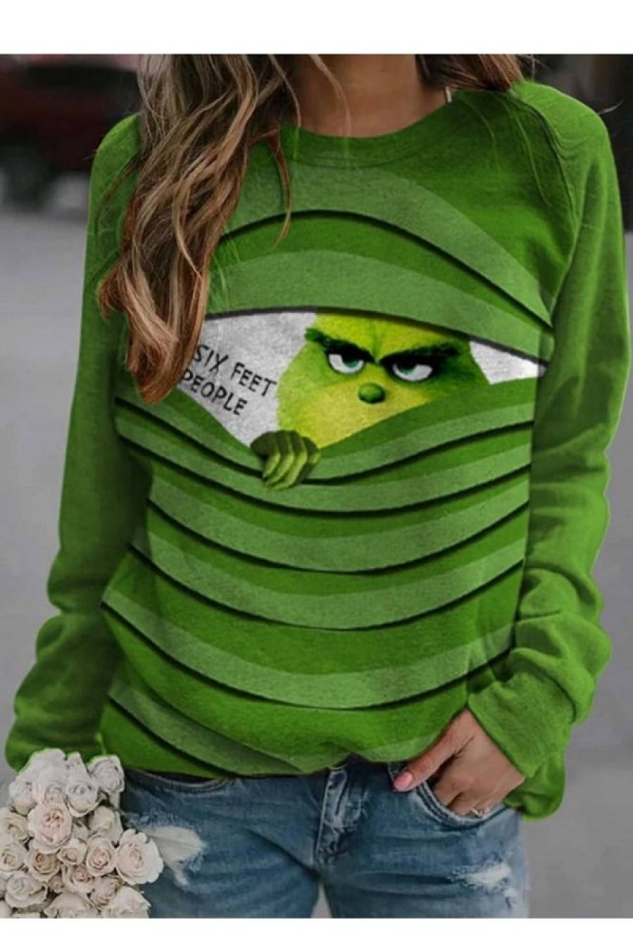 Clothing Azzlee Sweatshirt & Hoodies | Grinch Stole Print Round Neck Long Sleeve Sweatshirt Green