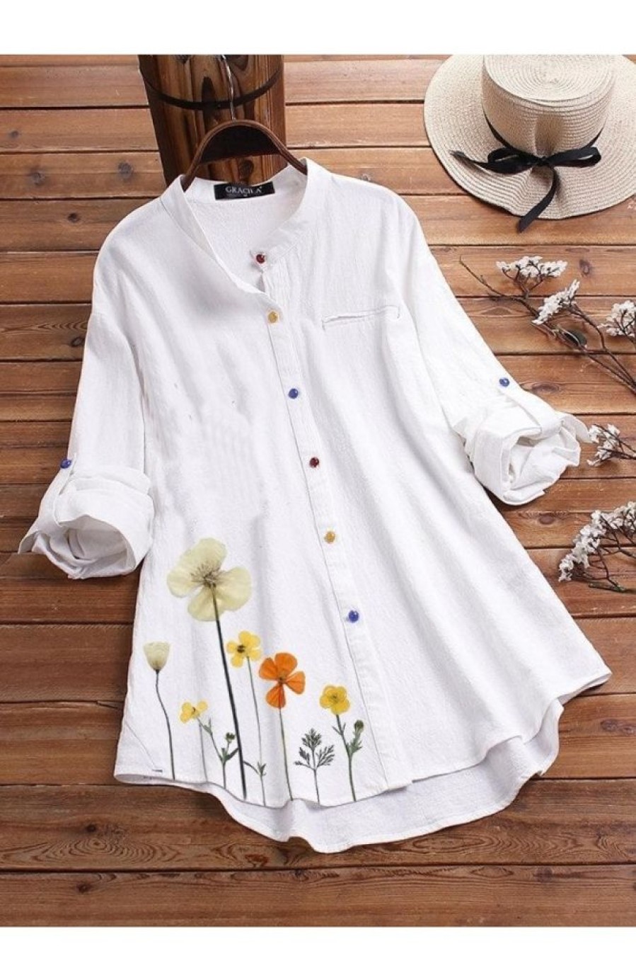 Clothing Azzlee Blouse & Shirts | Long Sleeve Stand Collar Floral Printed Shirt With Button