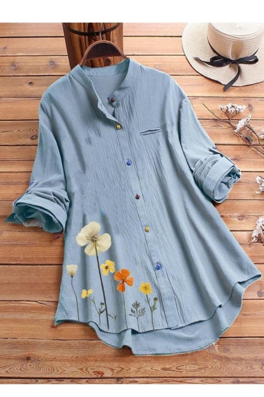 Clothing Azzlee Blouse & Shirts | Long Sleeve Stand Collar Floral Printed Shirt With Button