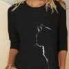 Clothing Azzlee T-Shirts | Cat Print Casual O-Neck Long Sleeve T-Shirt