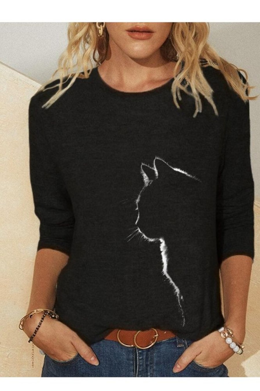 Clothing Azzlee T-Shirts | Cat Print Casual O-Neck Long Sleeve T-Shirt