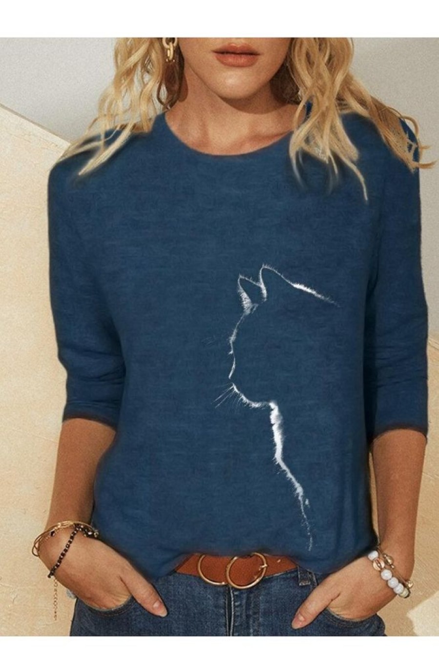 Clothing Azzlee T-Shirts | Cat Print Casual O-Neck Long Sleeve T-Shirt